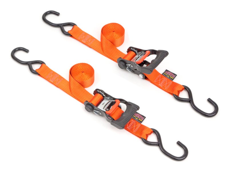 PowerTye 1.5in x 7ft Ergonomic Locking Ratchet Straps with Heavy-Duty S-Hooks - Made in USA - 1,000 lb. Working Load Limit / 3,000 lb. Breaking Strength - Orange (Pair) - Image 1